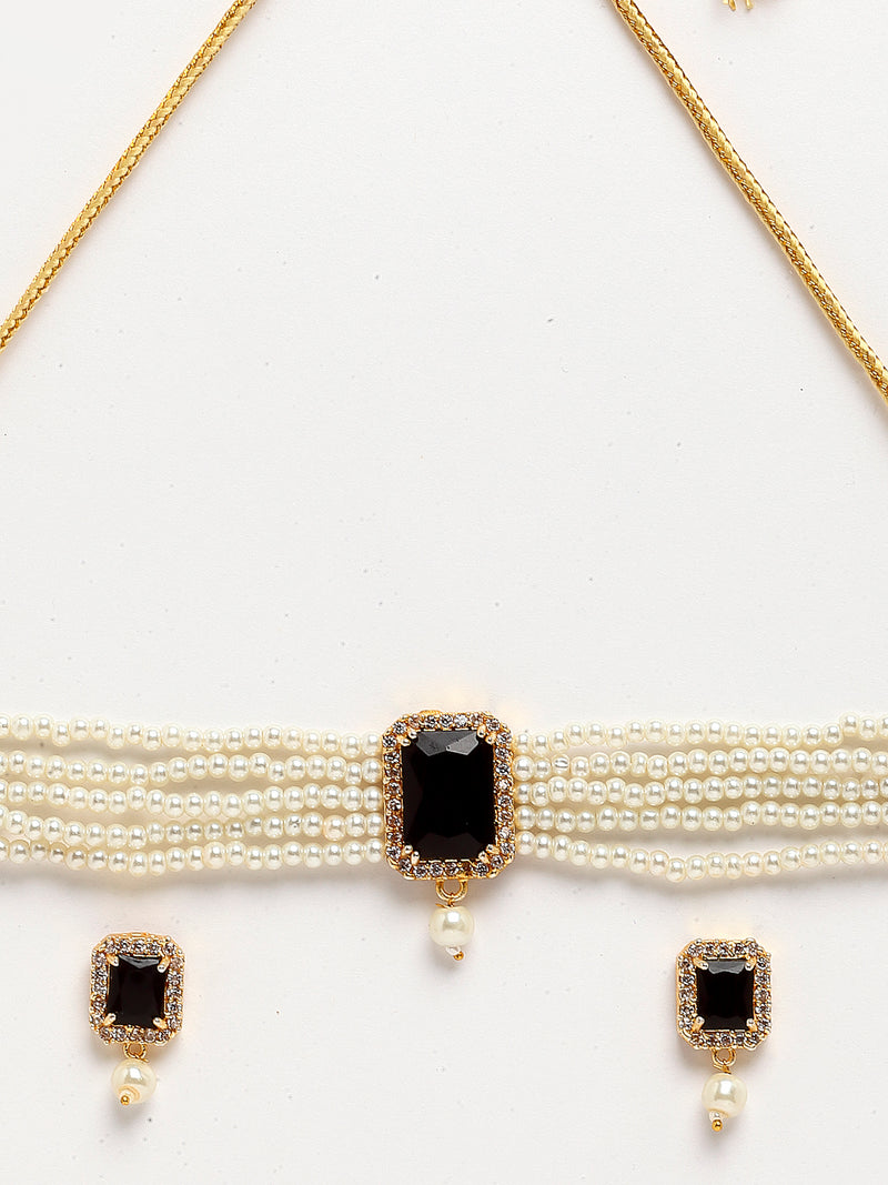 White & Black Gold-Plated American Diamond Studded Choker Jewellery Set