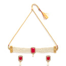 Red & White Gold-Plated  American Diamond Stone-Studded & Beaded Jewellery Set