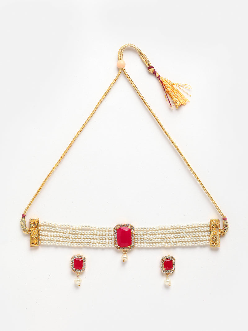 Red & White Gold-Plated  American Diamond Stone-Studded & Beaded Jewellery Set