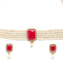 Red & White Gold-Plated  American Diamond Stone-Studded & Beaded Jewellery Set