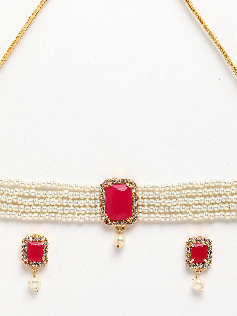 Red & White Gold-Plated  American Diamond Stone-Studded & Beaded Jewellery Set