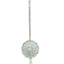 Rhodium-Plated with Silver-Tone Sea Green American Diamond Stone-studded Jewellery Set with Mang Tika Combo