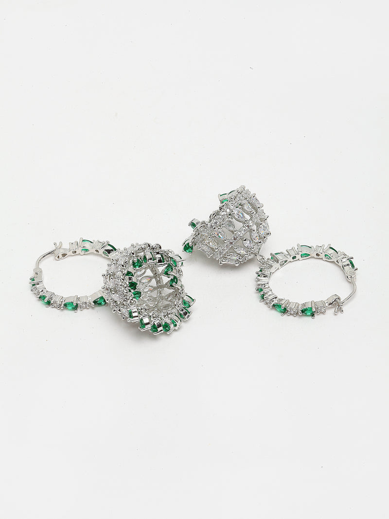 Rhodium-Plated with Silver-Tone Green American Diamond Stone-studded Jewellery Set with Mang Tika Combo