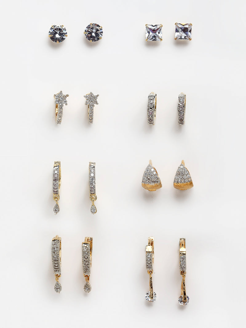 White Set Of 8 White Stone Studded Geometric Earrings