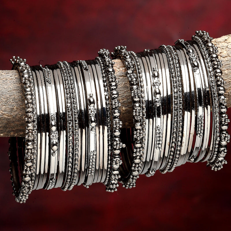 Rhodium-Plated with Silver-Tone Set of 40 and Oxidised Textured Bangle