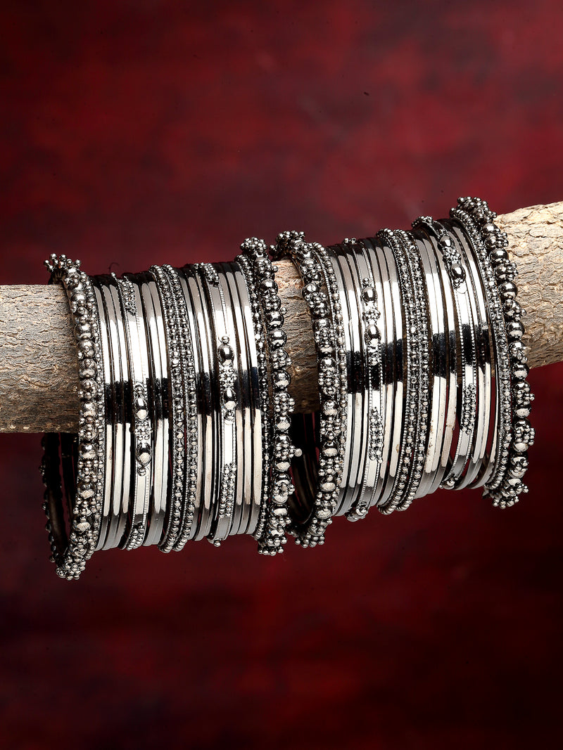 Rhodium-Plated with Silver-Tone Set of 40 and Oxidised Textured Bangle