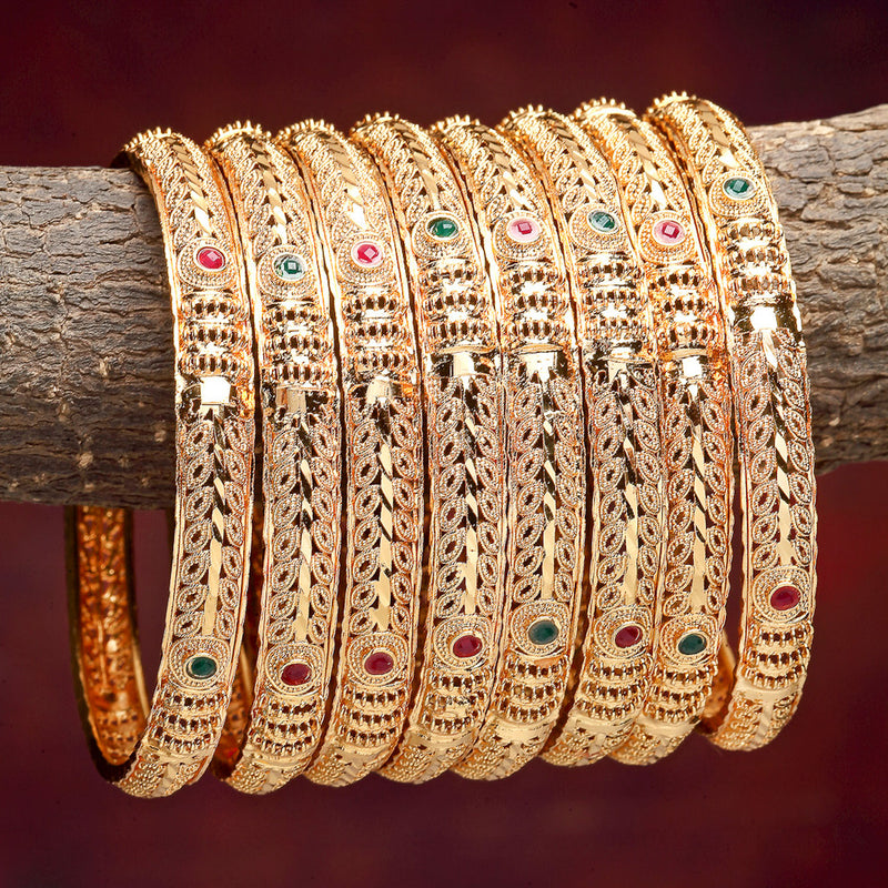Gold-Plated & Red Stones-Studded Set Of 8 Meenakari  Bangles