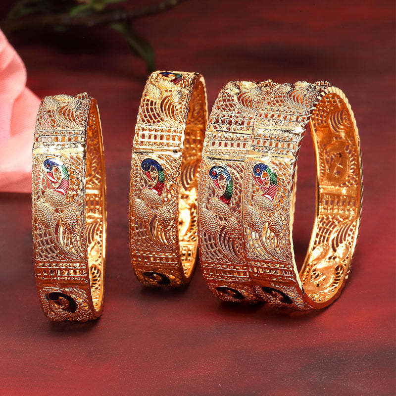 Set of 4 Gold Plated Meenakari Textured Peacock With Cut Out and Detail Bangles
