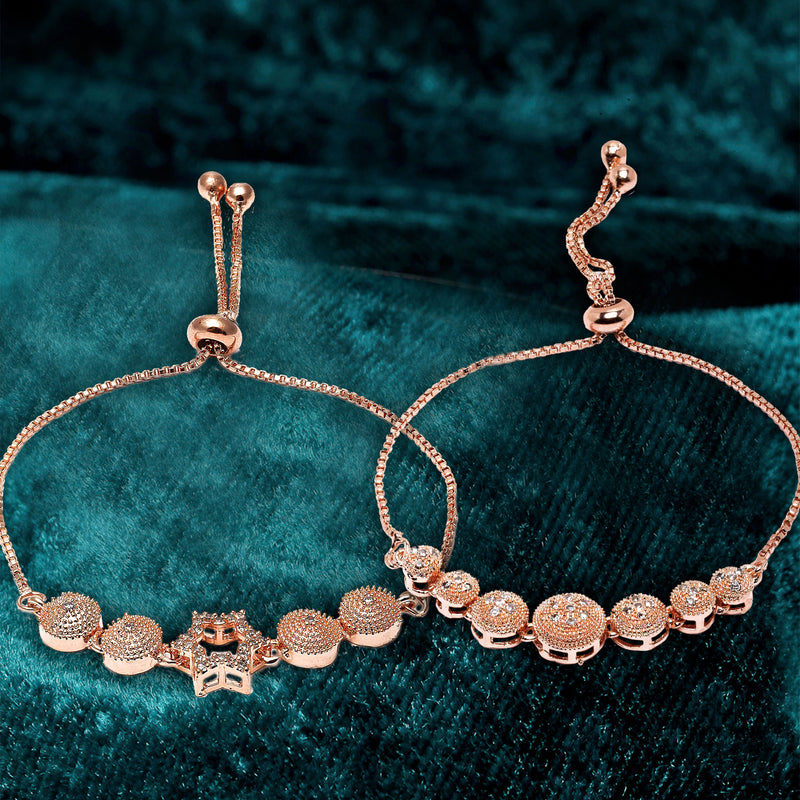 Rose Gold Plated American Diamond Studded Round & Star Charm Adjustable Bracelet Combo Set of 2