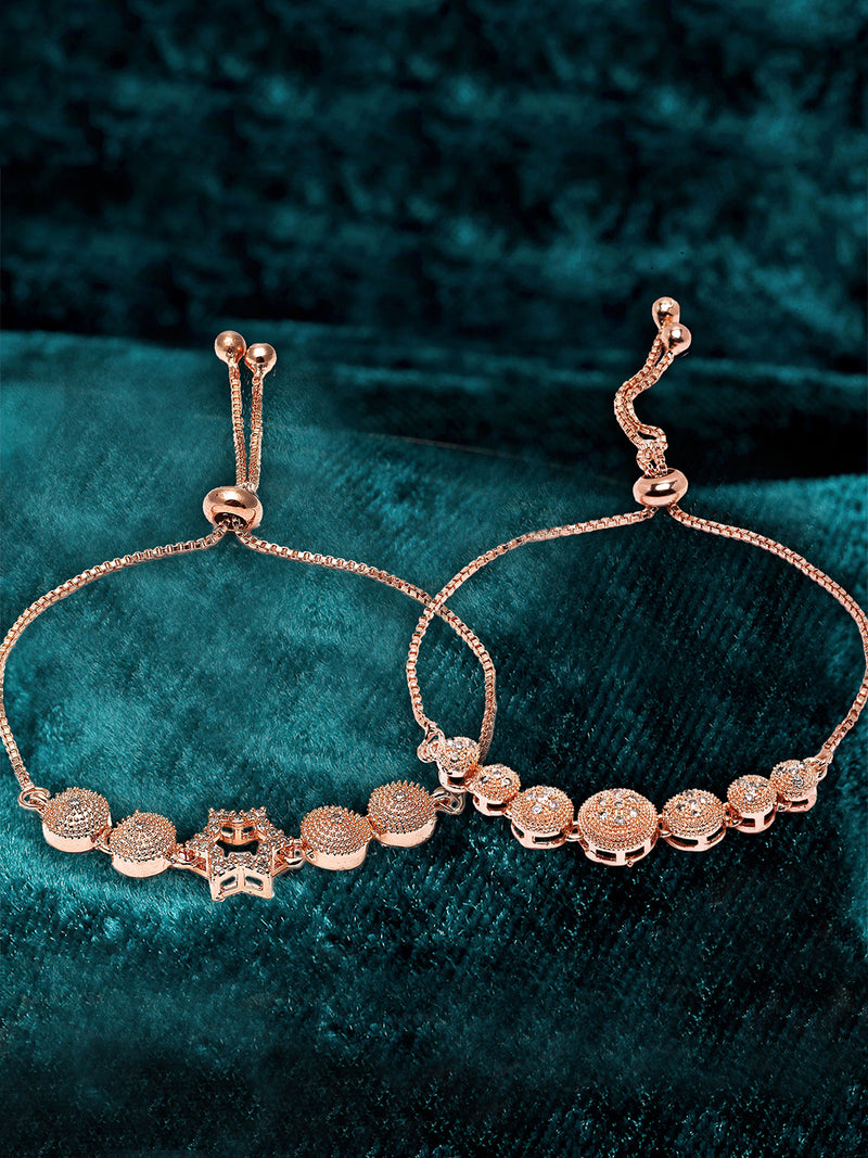 Rose Gold Plated American Diamond Studded Round & Star Charm Adjustable Bracelet Combo Set of 2