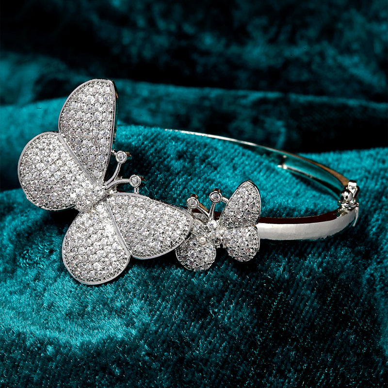 Rhodium-Plated Silver Toned White American Diamond Studded Kada Bracelet