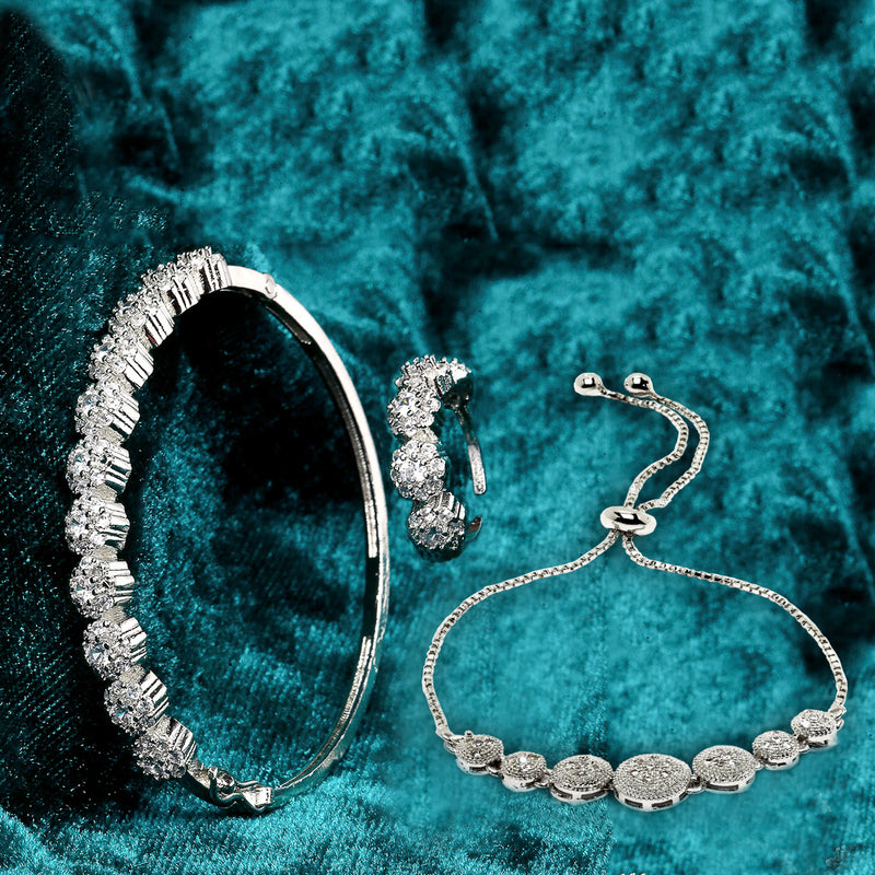 Rhodium Plated Silver Toned American Diamond Studded  Round Charm Bracelet Combo Set of 2 With Ring