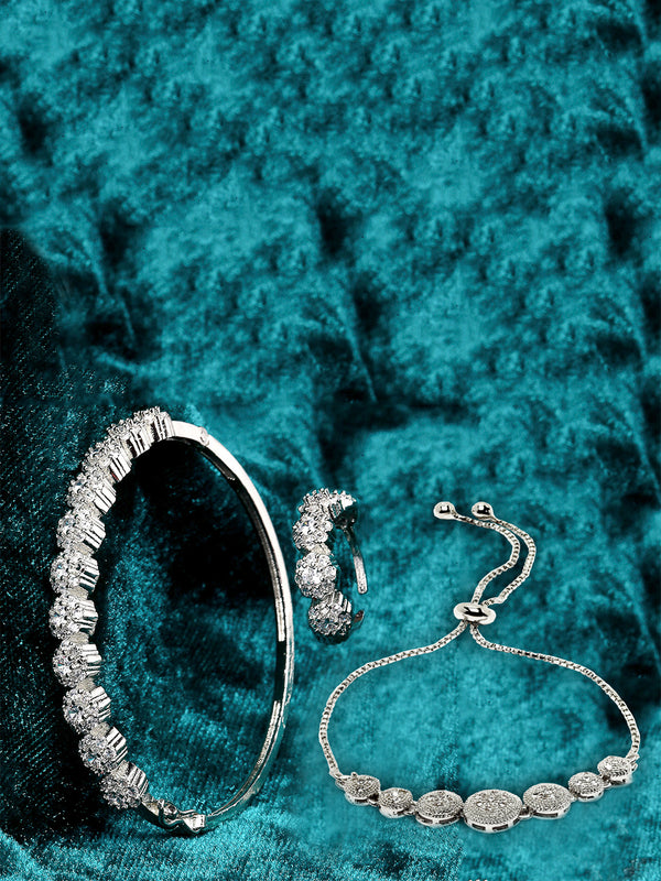 Rhodium Plated Silver Toned American Diamond Studded  Round Charm Bracelet Combo Set of 2 With Ring