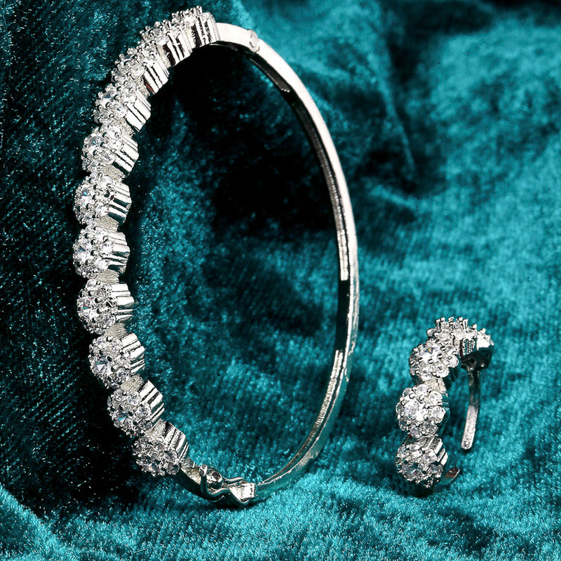 Rhodium Plated Silver Toned  White American Diamond Studded Bangle & Ring Set