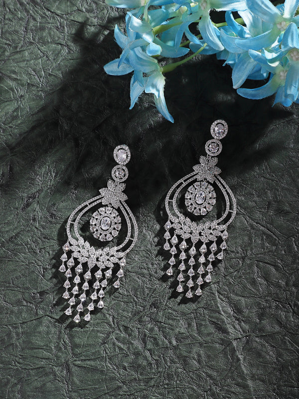 Rhodium-Plated White American Diamond studded Quirky Shaped Drop Earrings