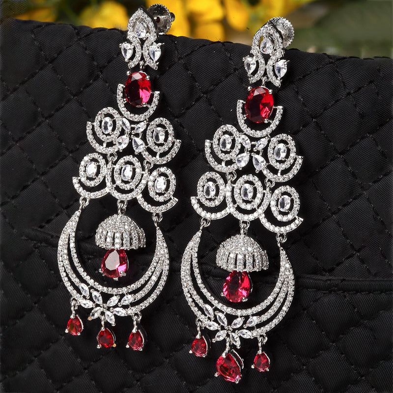 Red & White Rhodium-Plated with Silver-Tone American Diamond Studded Chandelier Earrings