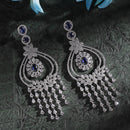 Rhodium-Plated Navy Blue & White American Diamond studded Quirky Shaped Drop Earrings