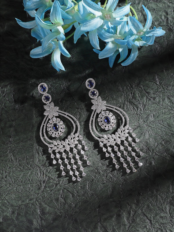 Rhodium-Plated Navy Blue & White American Diamond studded Quirky Shaped Drop Earrings