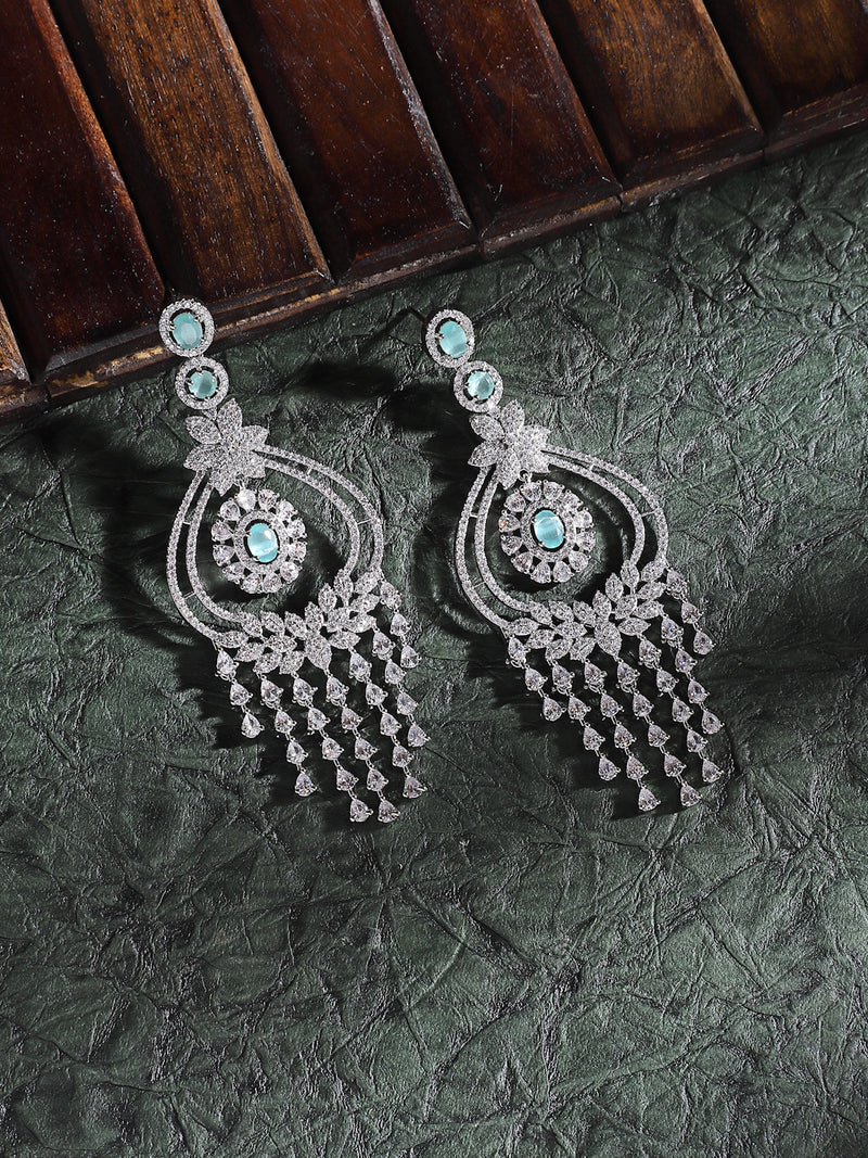 Rhodium-Plated Sea Green & White American Diamond studded Quirky Shaped Drop Earrings