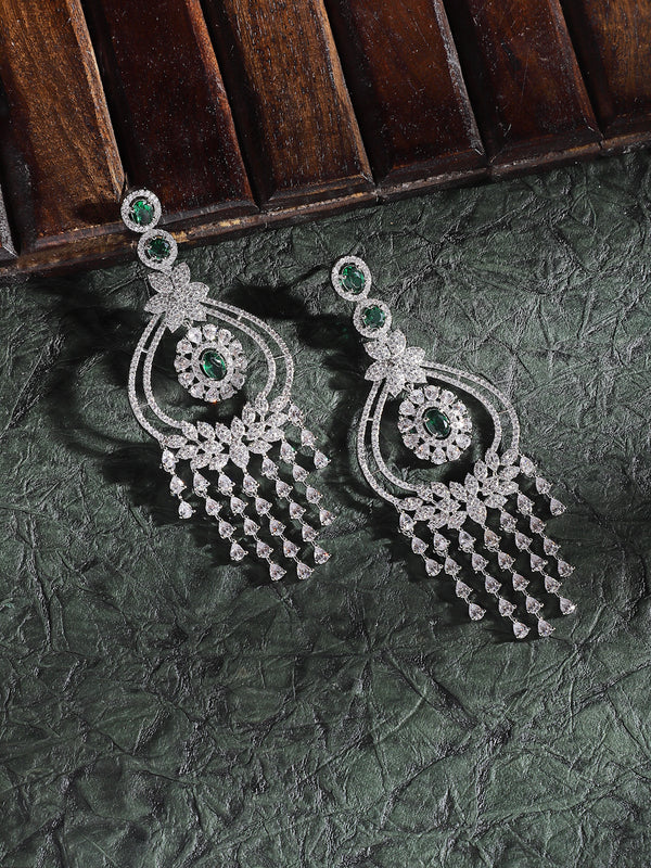 Rhodium-Plated Green & White American Diamond studded Quirky Shaped Drop Earrings