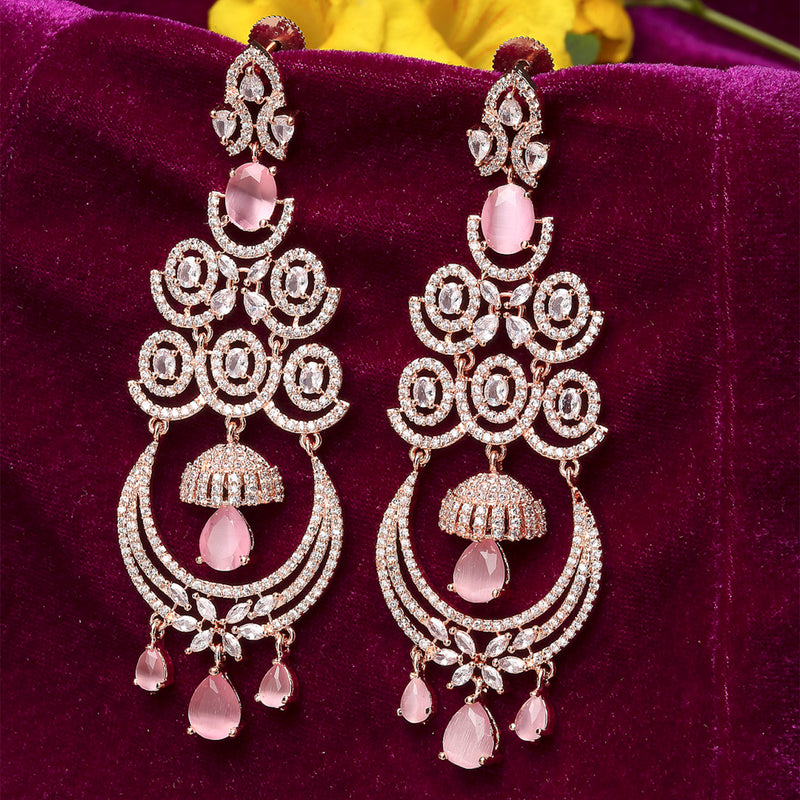 Pink American Diamond with Rose Gold-Plated Contemporary Chandbalis Earrings