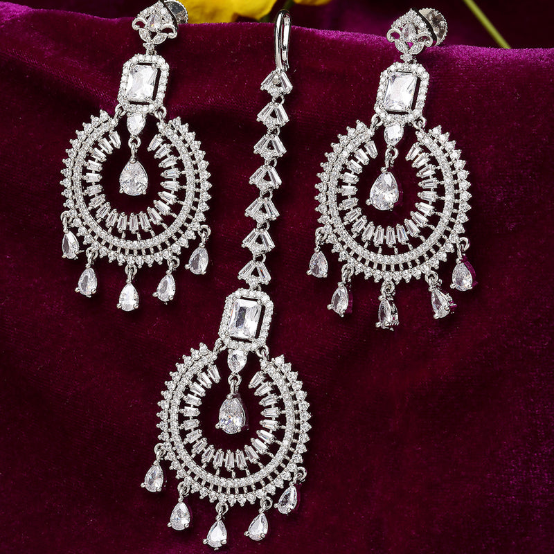 Rhodium-Plated with Silver-Toned Round Shape White American Diamond-Studded Maang Tikka & Earrings Set