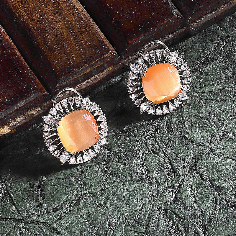 Rhodium-Plated Orange & White American Diamond studded Contemporary Round Stud Earrings
