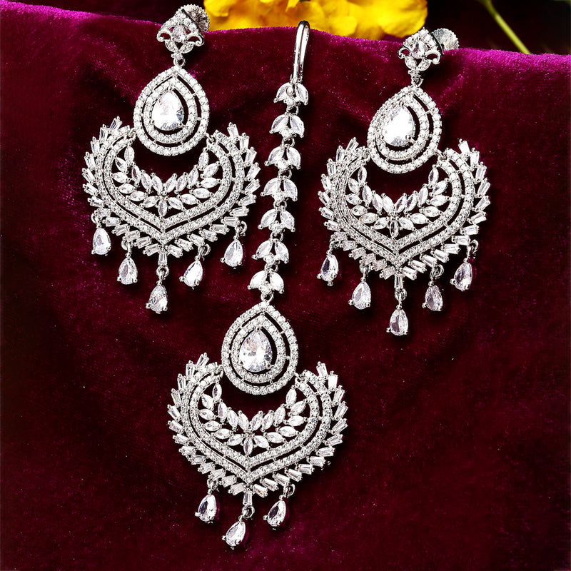 Rhodium-Plated with Silver-Toned Teardrop Shape White American Diamond-Studded Maang Tikka & Earrings Set