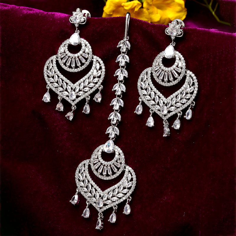 Rhodium-Plated Silver-Toned Heart Shaped White American Diamond-Studded Maang Tikka & Earrings Set