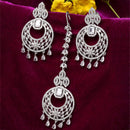 Rhodium-Plated Silver-Toned White Round American Diamond Studded Maang Tikka & Earrings Set