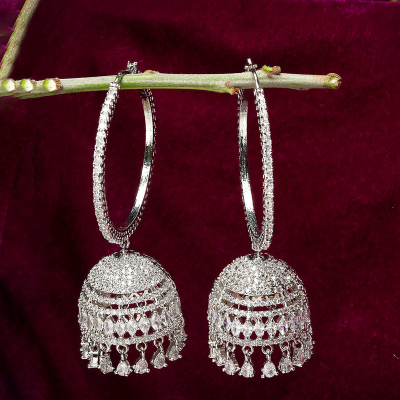 Rhodium-Plated with Silver-Tone Dome Shaped American Diamond Jhumkas Earrings