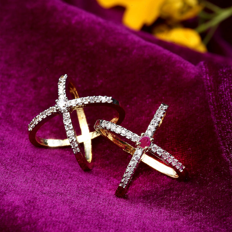 Gold-Plated X-Criss Cross Cubic Zirconia Studded Ring Set Of 2
