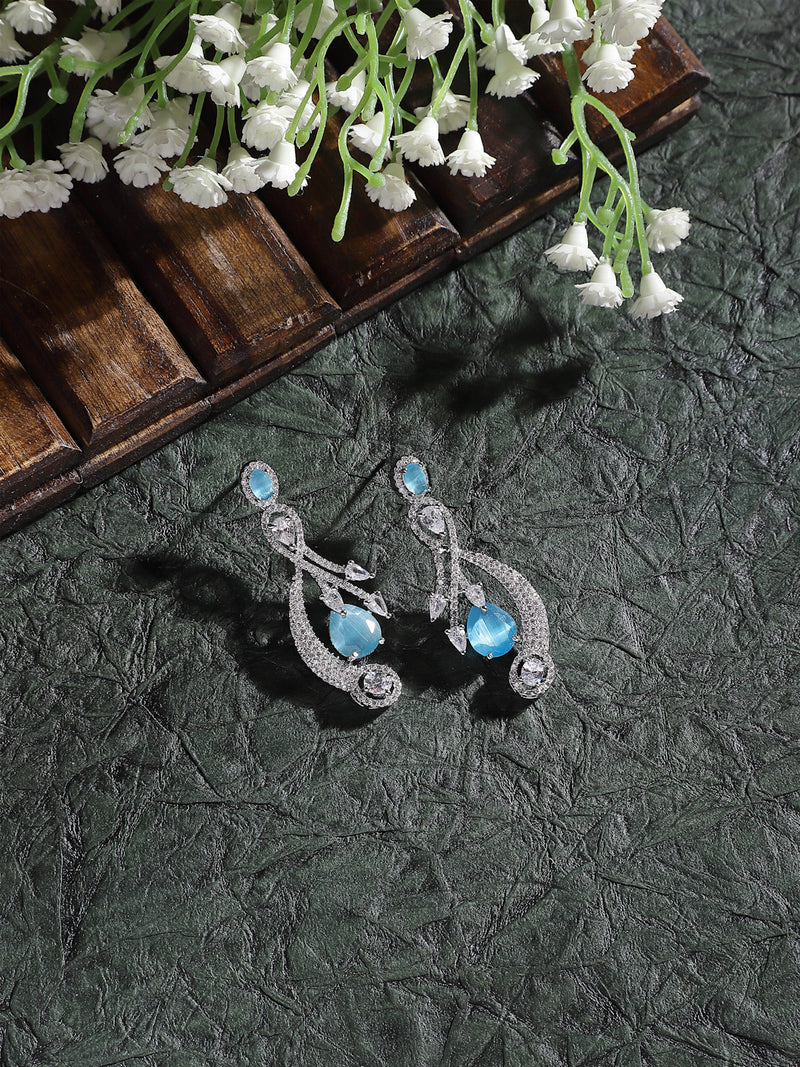 Rhodium-Plated Blue American Diamond studded Quirky Shaped Drop Earrings