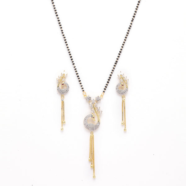 Peacock Design Gold-Plated White & Black Stone Studded & Beaded Mangalsutra Set