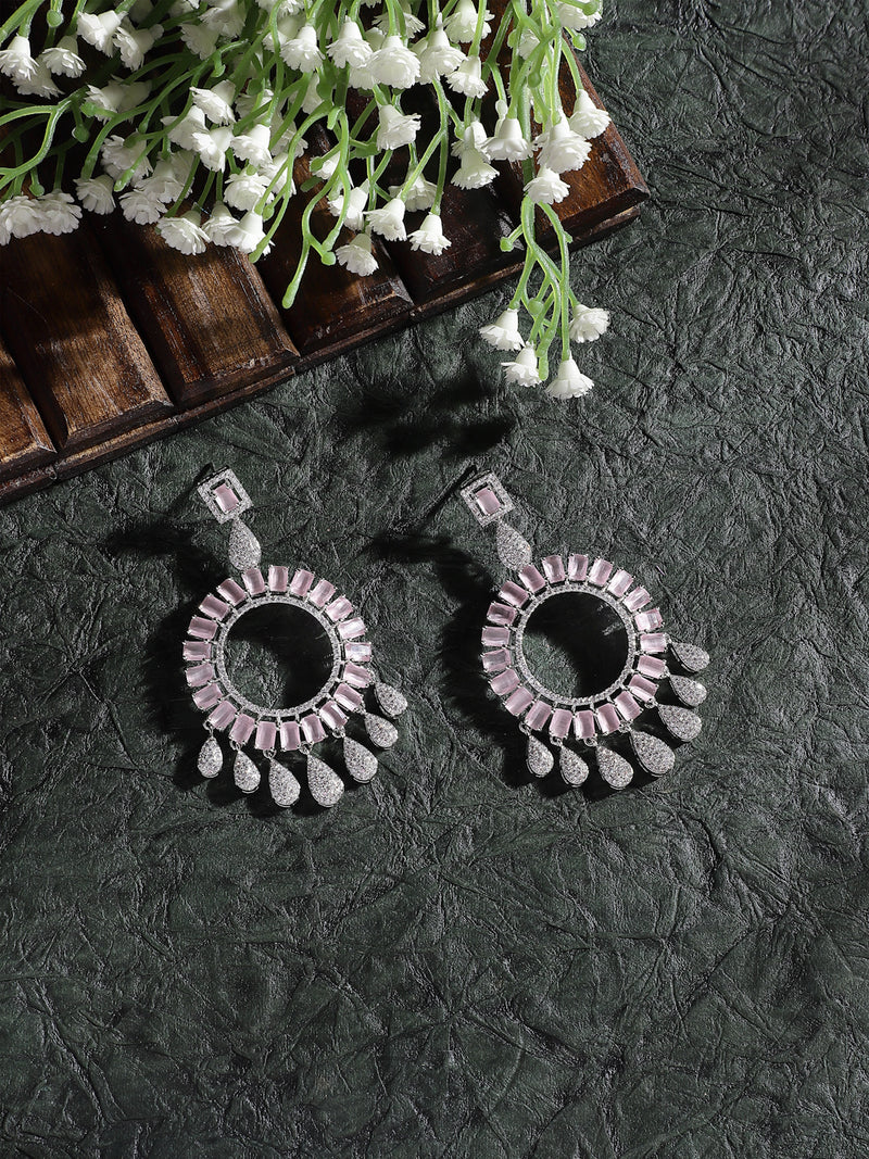 Rhodium-Plated Pink American Diamond studded Circular Shape Dangle Earrings