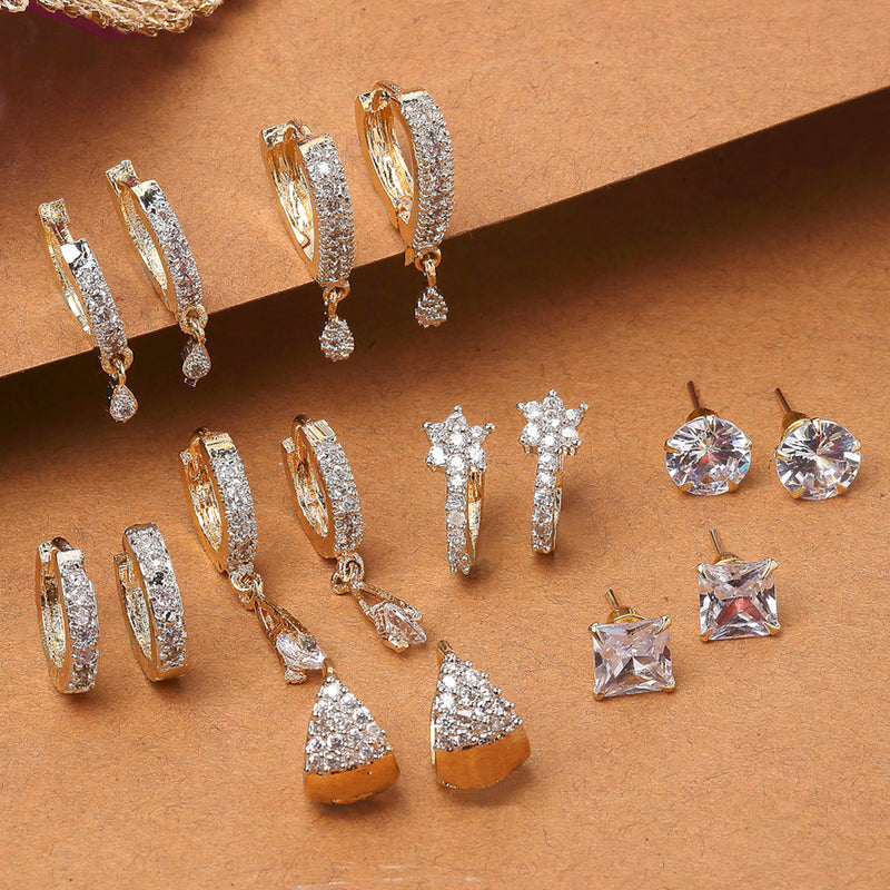 White Set Of 8 White Stone Studded Geometric Earrings