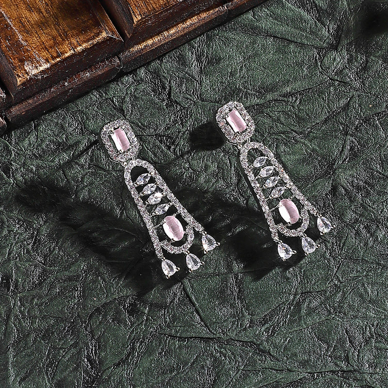 Rhodium-Plated Pink American Diamond studded Classic Contemporary Drop Earrings