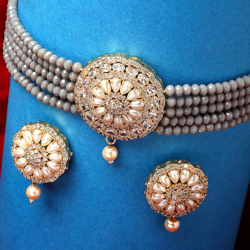 Grey & White Gold-Plated Pearl Studded & Beaded Jewellery Set