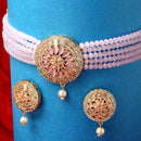 Gold-Plated with Peach-Toned & Pink AD-Studded & Beaded Jewellery Set