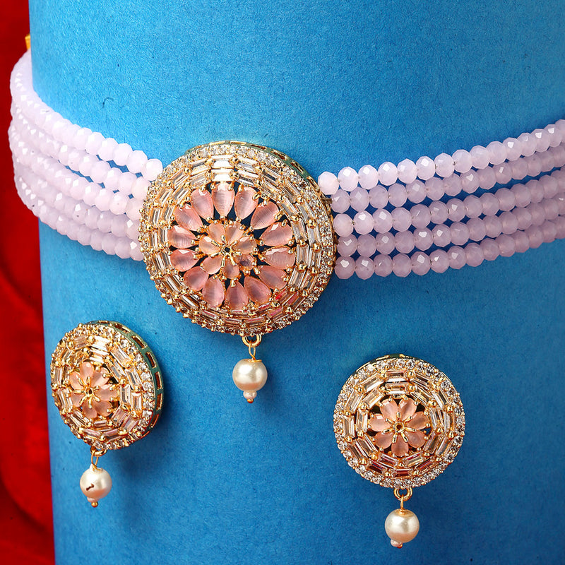 Gold-Plated with Peach-Toned & Pink AD-Studded & Beaded Jewellery Set