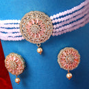 Peach & White American Diamond Stone Gold-Plated Stone Studded & Beaded Jewellery Set