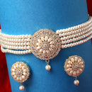 White Gold-Toned Stone-Studded & Pearl Beaded Choker Jewellery Set
