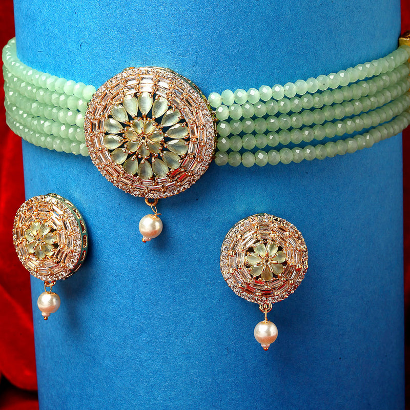 Multistrand Gold-Plated Lime Green & White American Diamond Stone Studded & Beaded Jewellery Set