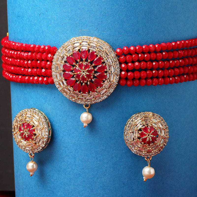 White & Red American Diamond-Studded & Beaded Gold-Plated Choker Jewellery Set