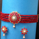 Gold-Toned Red & White American Diamond-Studded & Beaded Choker Jewellery Set