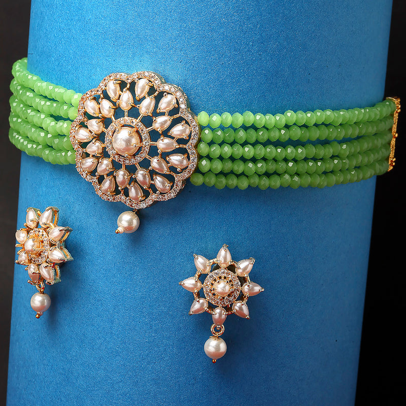 Pearl Detailing with Gold Plating Lime Green Beads Strap Choker Jewellery Set