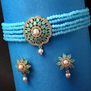 Teal Blue & Turquoise Blue Gold-Plated American Diamond Studded & Beaded Multistrand Necklace Set