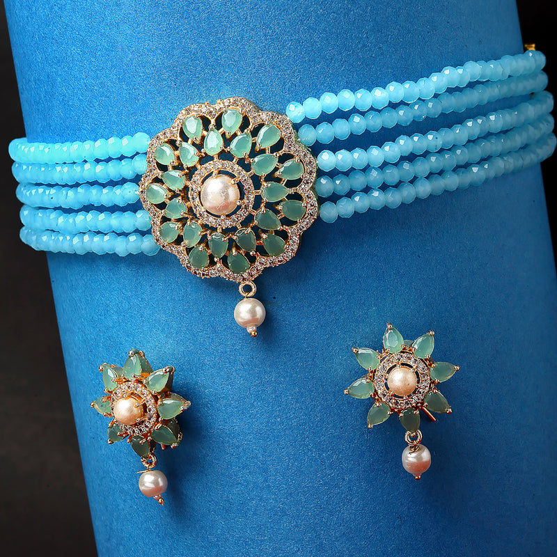 Teal Blue & Turquoise Blue Gold-Plated American Diamond Studded & Beaded Multistrand Necklace Set
