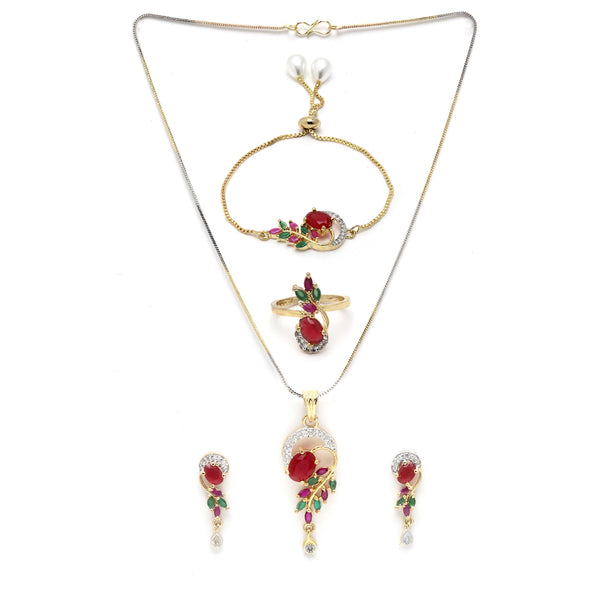 Red and Green Alloy Gold-Plated Studded Jewellery Set Combo