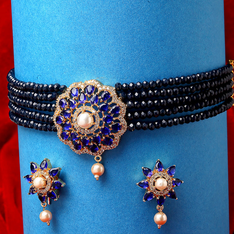 Floral Gold-Plated Navy Blue & White American Diamond Studded & Beaded Jewellery Set